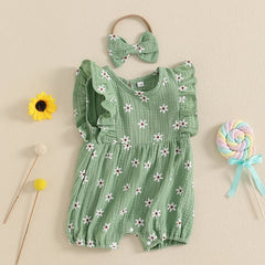 Baby Girl Floral Fly-Sleeve Romper Set | Summer Bowknot Outfit