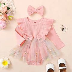 Baby Girl Floral Mesh Patchwork Ruffle Romper & Dress Set with Headband