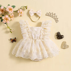 Ruffle sleeve square-neck lace romper