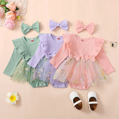 Baby Girl Floral Mesh Patchwork Ruffle Romper & Dress Set with Headband