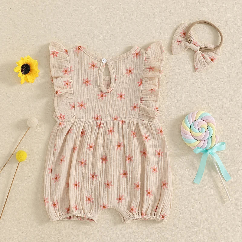 Baby Girl Floral Fly-Sleeve Romper Set | Summer Bowknot Outfit