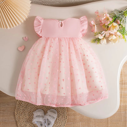 Baby Girl Dress Summer Bow And Love Pattern Knit Short Sleeve Puffy Baby Dresses Cute Casual Girl Kid's Dress