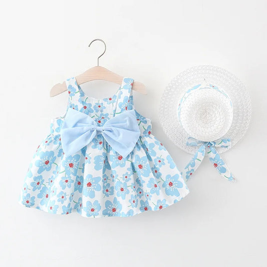 Summer New Floral Sling Baby Girl Dress, Bow Children'S Sleeveless Clothes With Hats As A Gift (9 Months -3 Years Old)