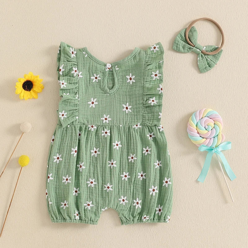 Baby Girl Floral Fly-Sleeve Romper Set | Summer Bowknot Outfit