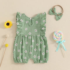 Baby Girl Floral Fly-Sleeve Romper Set | Summer Bowknot Outfit