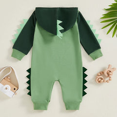 Baby Boys Dinosaur Hoodie Romper – Contrast Color Long-Sleeve Jumpsuit