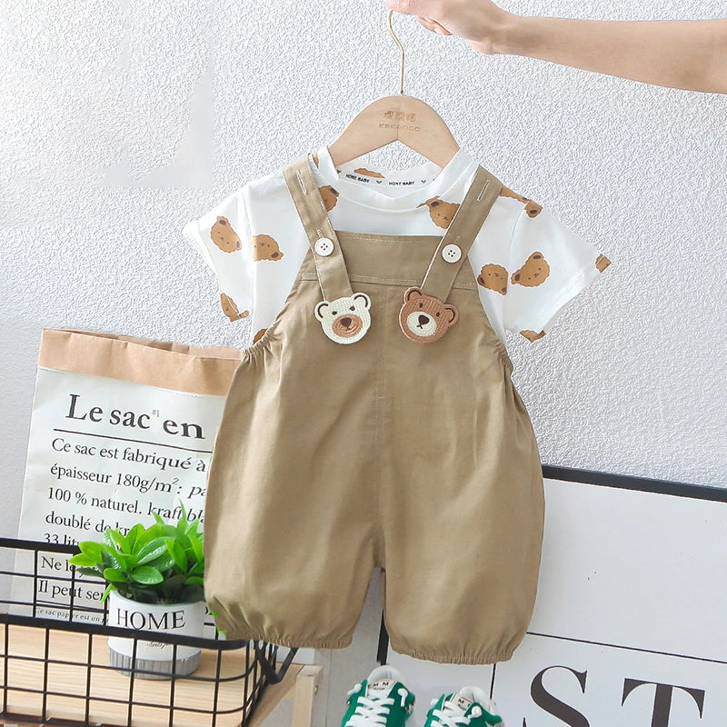 Cartoon Bear tees Overalls Set