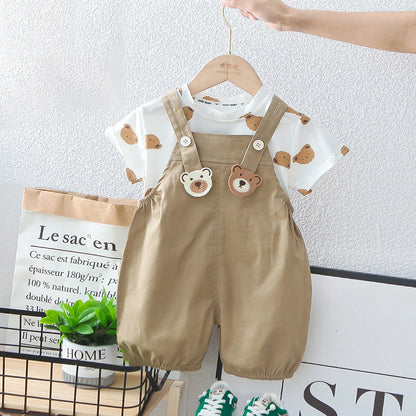 Cartoon Bear tees Overalls Set