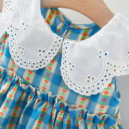 Baby Girl Dress Summer Cotton Plaid Floral Print Girl Dress Cute Sleeveless Children'S Princess Dress