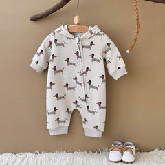 Baby Dachshund Print Hooded Jumpsuit, Fall Romper