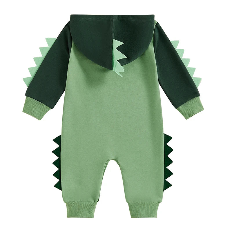 Baby Boys Dinosaur Hoodie Romper – Contrast Color Long-Sleeve Jumpsuit