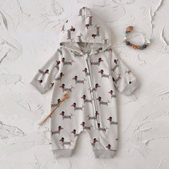 Baby Dachshund Print Hooded Jumpsuit, Fall Romper