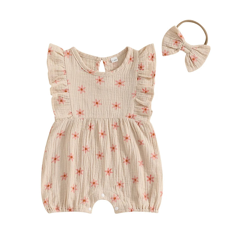 Baby Girl Floral Fly-Sleeve Romper Set | Summer Bowknot Outfit
