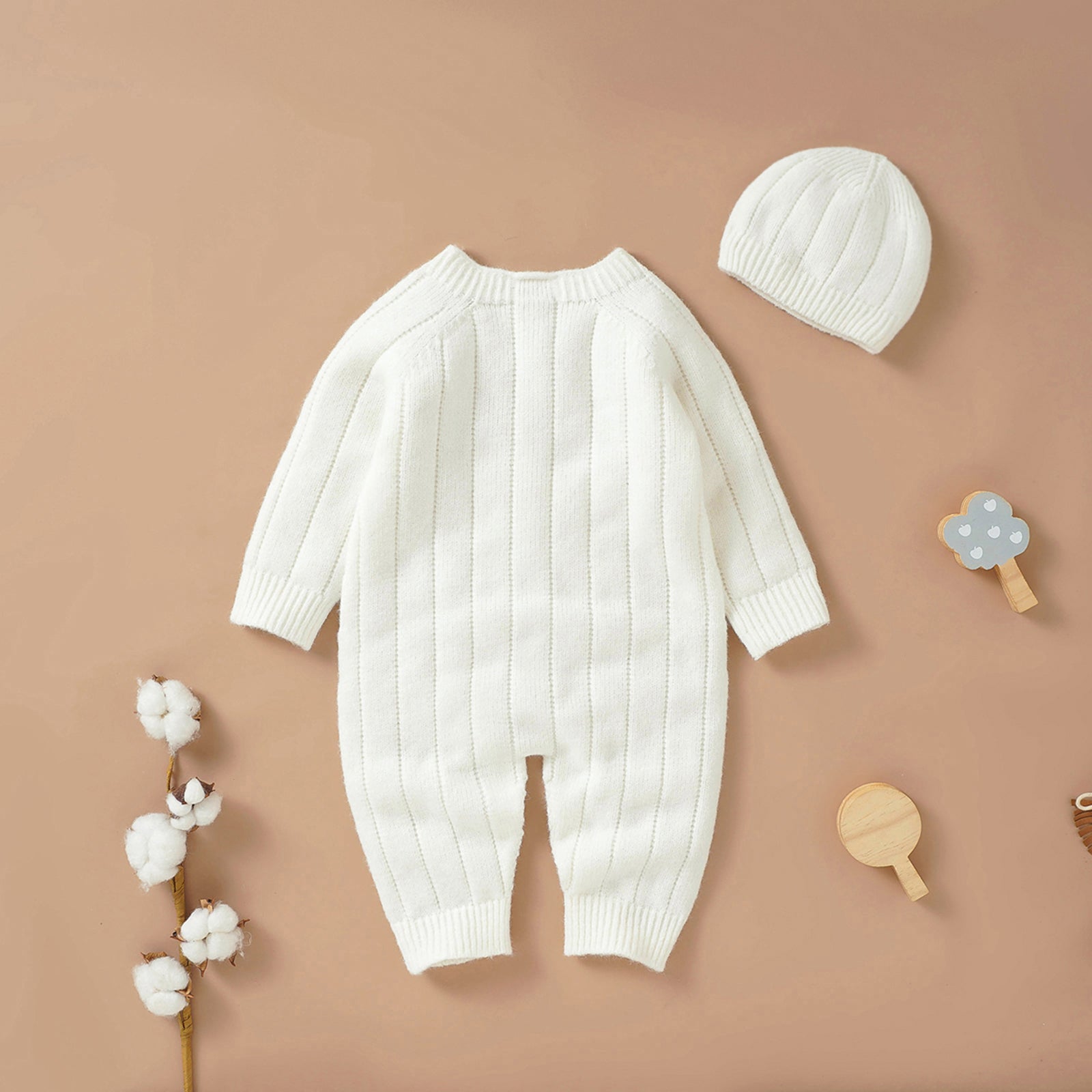 Knitted Baby Winter Romper and Cap Set, 0-18 Months