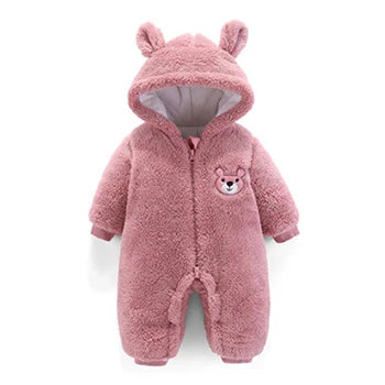 Plush Bear Hooded Baby Romper, Warm Fall Jumpsuit