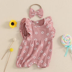 Baby Girl Floral Fly-Sleeve Romper Set | Summer Bowknot Outfit