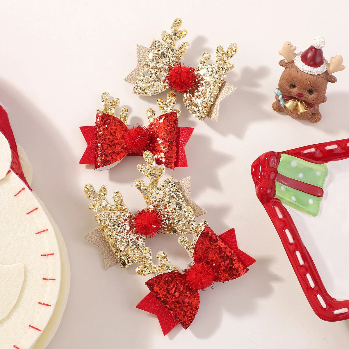 Girls' Red and Gold Glitter Bow Hair Clips, 2-Piece Set