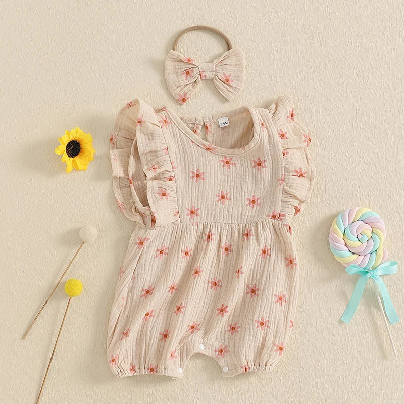 Baby Girl Floral Fly-Sleeve Romper Set | Summer Bowknot Outfit