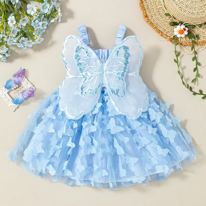 Baby Girl Dress Summer Butterfly Mesh Suspender Girl Dress Cute Back Wings Girl Wedding Flower Girl Dress