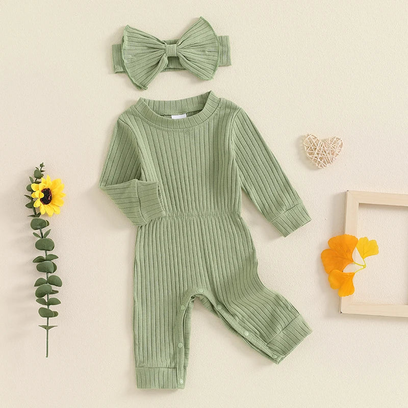 Baby Girls' Ribbed Jumpsuit and Headband Set, Fall