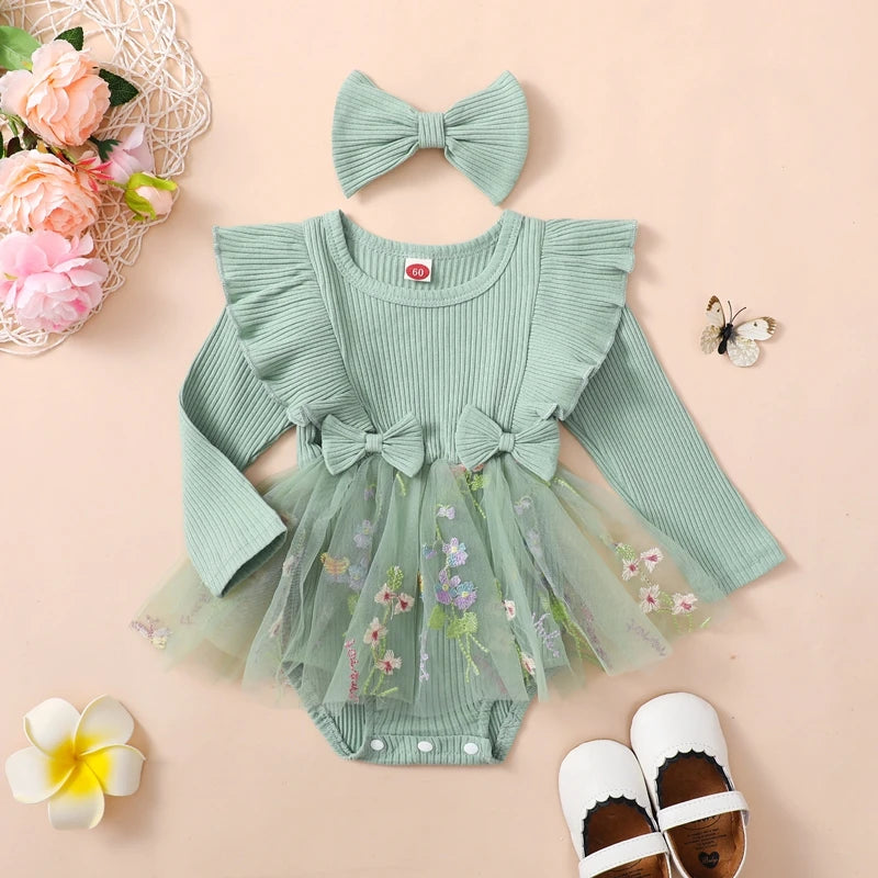Baby Girl Floral Mesh Patchwork Ruffle Romper & Dress Set with Headband