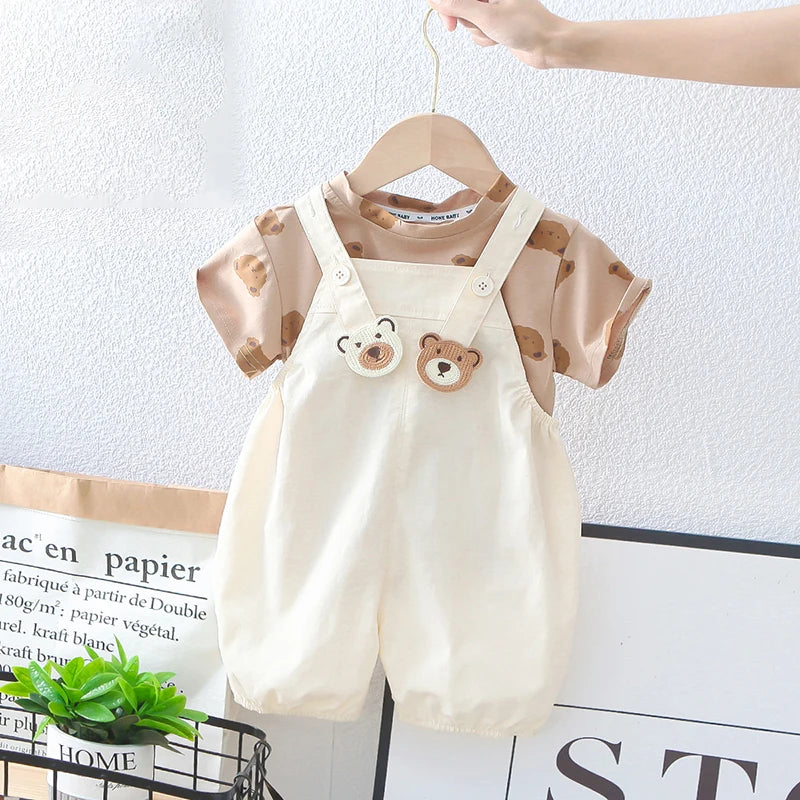 Cartoon Bear tees Overalls Set
