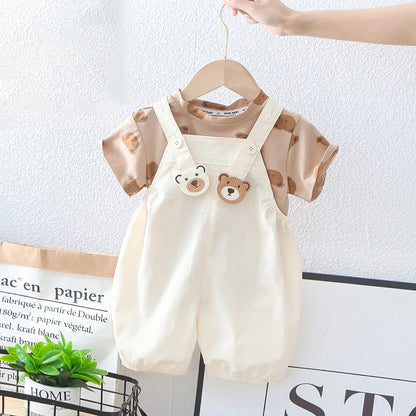 Cartoon Bear tees Overalls Set