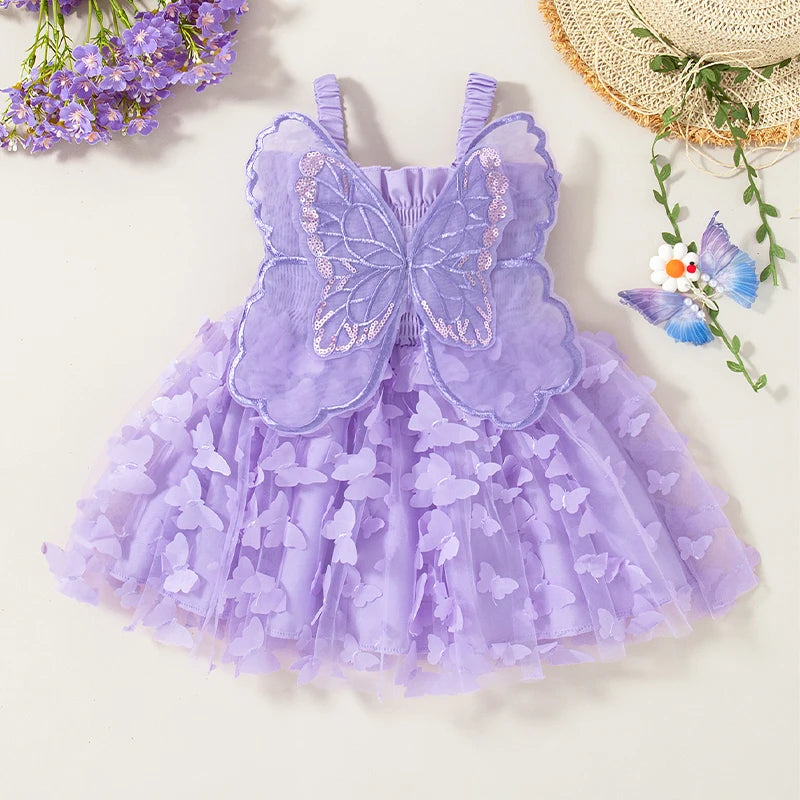 Baby Girl Dress Summer Butterfly Mesh Suspender Girl Dress Cute Back Wings Girl Wedding Flower Girl Dress