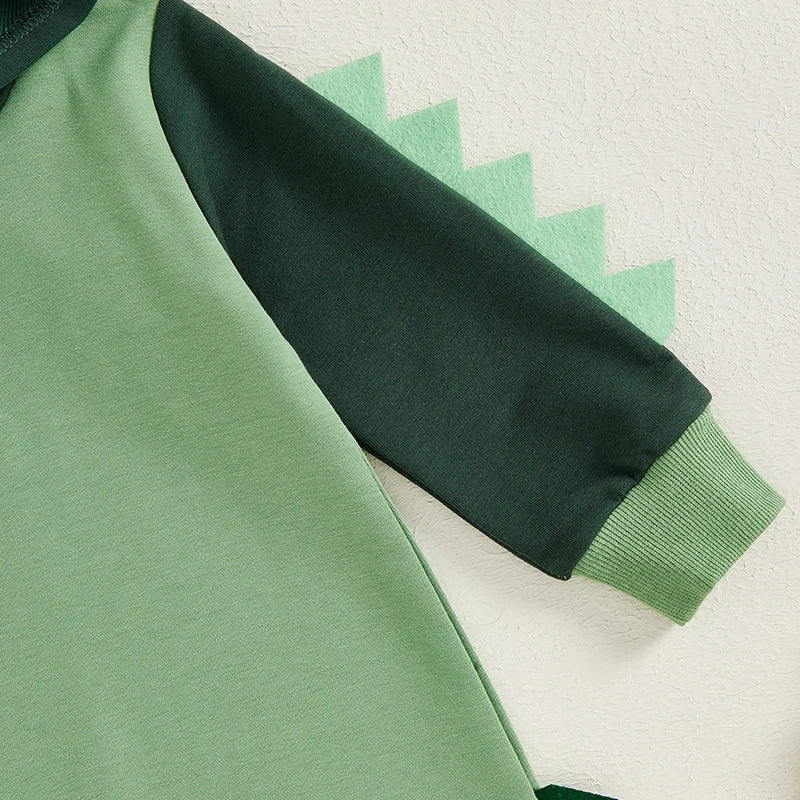 Baby Boys Dinosaur Hoodie Romper – Contrast Color Long-Sleeve Jumpsuit