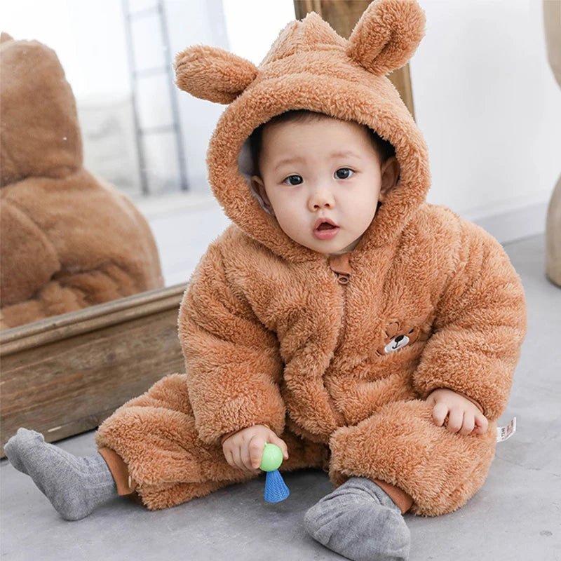 Plush Bear Hooded Baby Romper, Warm Fall Jumpsuit