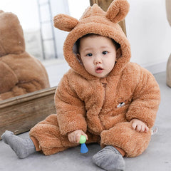 Plush Bear Hooded Baby Romper, Warm Fall Jumpsuit