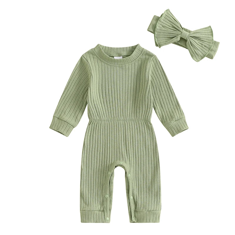 Baby Girls' Ribbed Jumpsuit and Headband Set, Fall