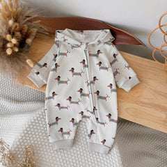 Baby Dachshund Print Hooded Jumpsuit, Fall Romper