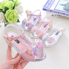 Kids dress sandals with bow design flat heel shoes