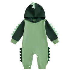 Baby Boys Dinosaur Hoodie Romper – Contrast Color Long-Sleeve Jumpsuit