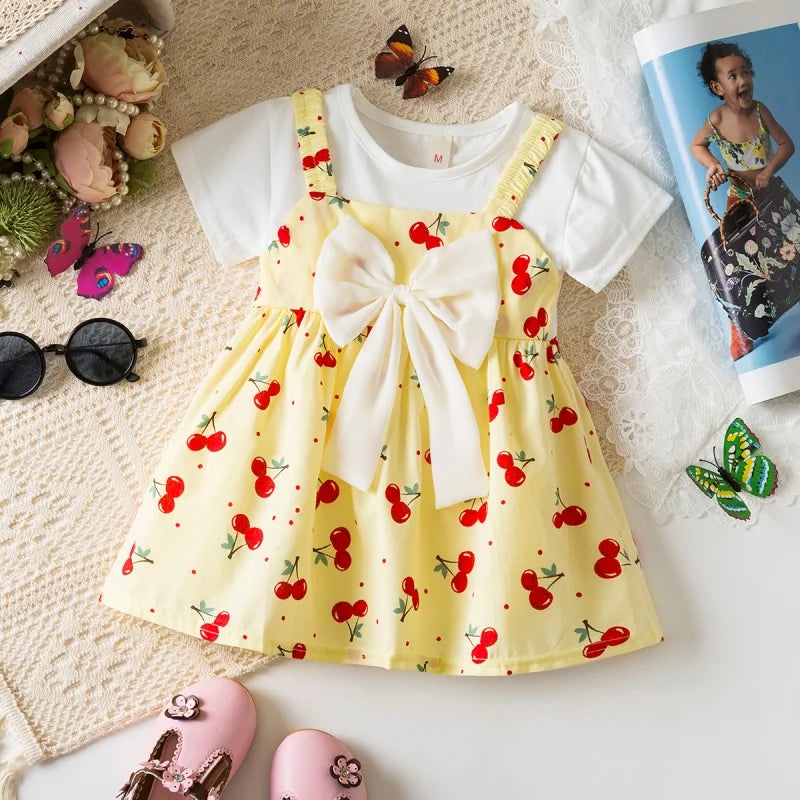 Baby Girl Dress Summer Cherry Print Cotton Short Sleeved Baby Dresses Cute Bow Girl Dress Baby Clothes Girl