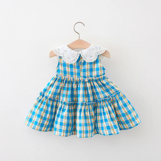 Baby Girl Dress Summer Cotton Plaid Floral Print Girl Dress Cute Sleeveless Children'S Princess Dress
