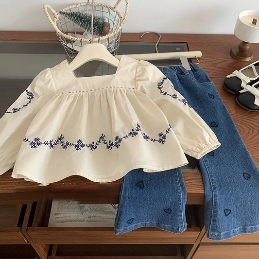 Embroidered Blouse and Heart Jeans