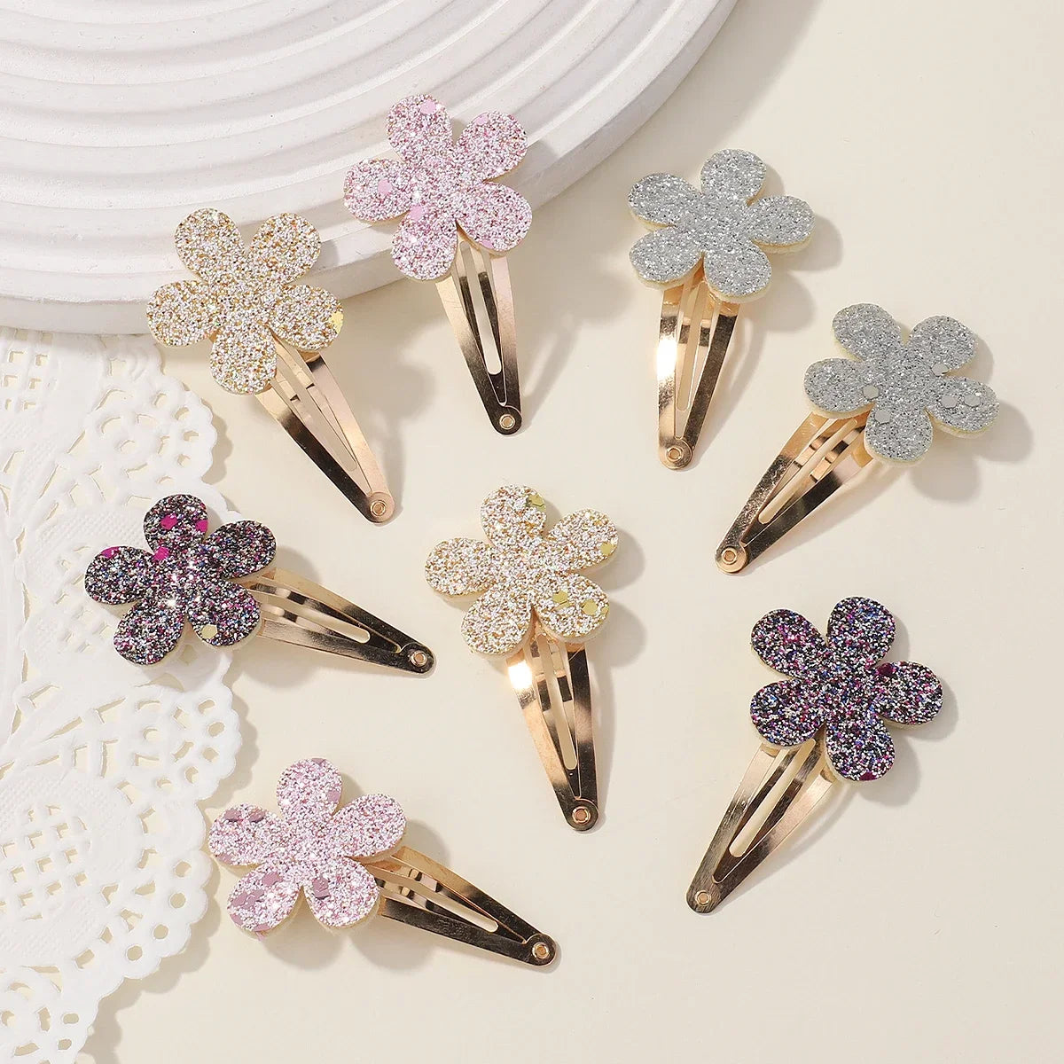 Glitter Rainbow Flower Hairpins