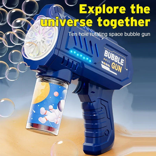 Rocket-shaped handheld bubble gun toy for outdoor play