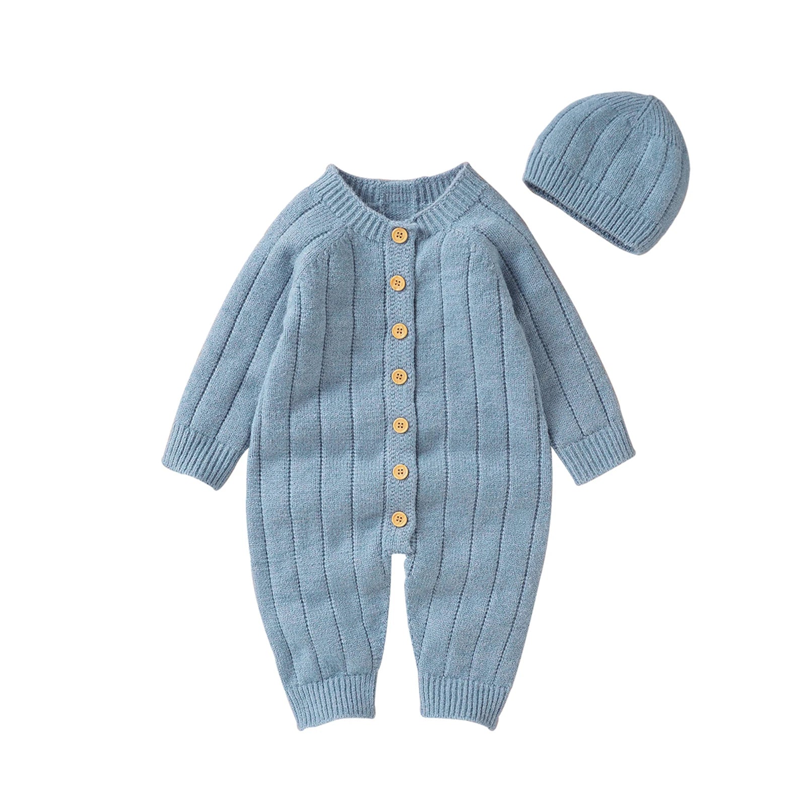 Knitted Baby Winter Romper and Cap Set, 0-18 Months