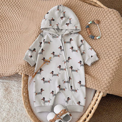 Baby Dachshund Print Hooded Jumpsuit, Fall Romper
