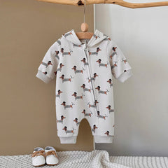 Baby Dachshund Print Hooded Jumpsuit, Fall Romper