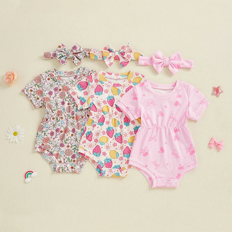 Baby Girls' Ribbed Strawberry Bodysuit with Bow Headband