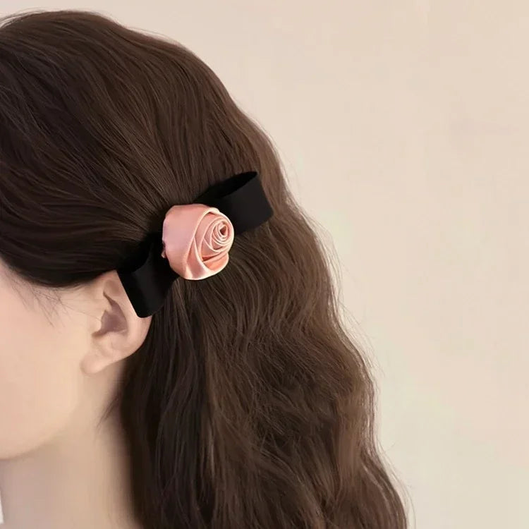 Pink Rose Bow Hair Clips For Girls