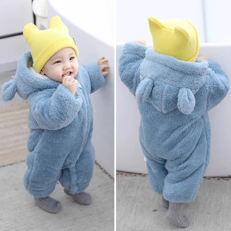 Plush Bear Hooded Baby Romper, Warm Fall Jumpsuit