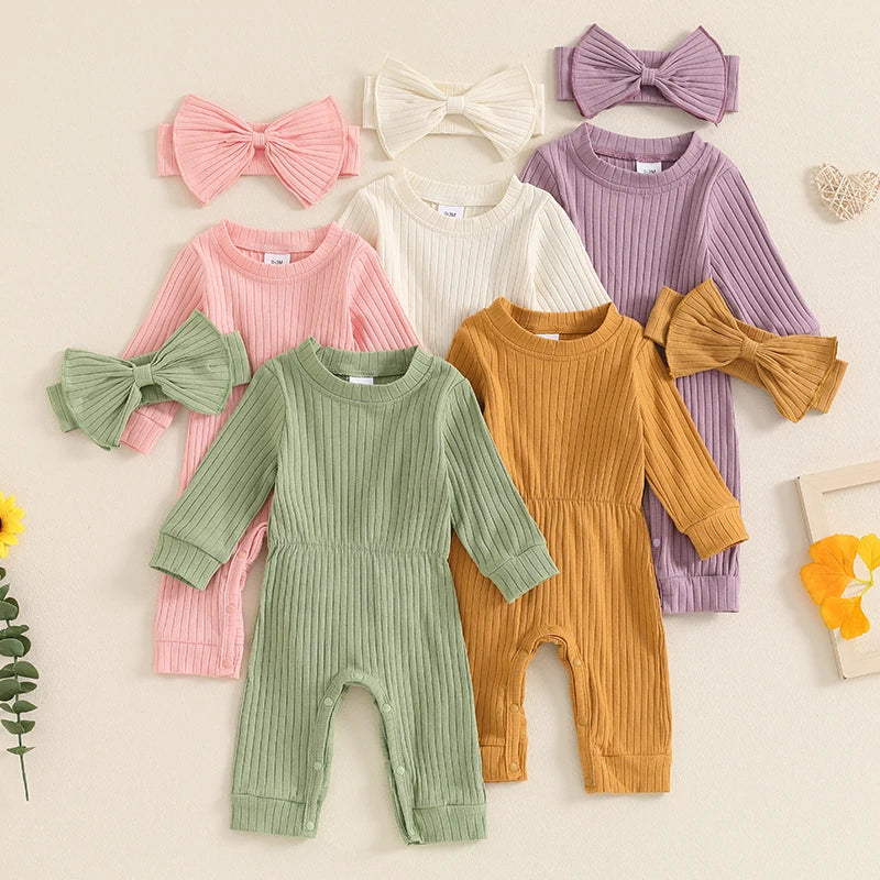 Baby Girls' Ribbed Jumpsuit and Headband Set, Fall