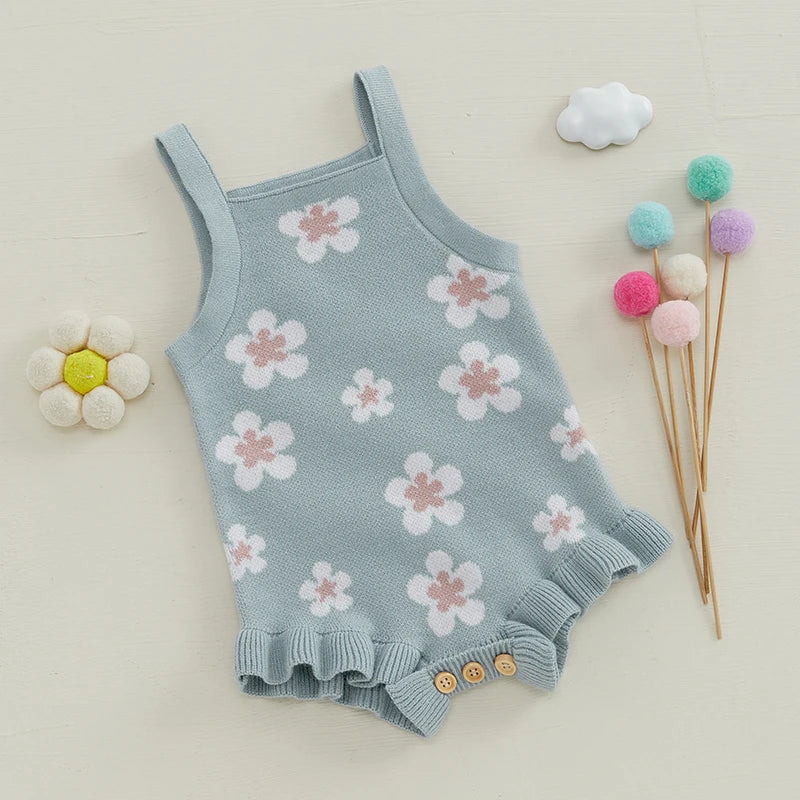 Baby Girls' Knitted Floral Bodysuit, Sleeveless Romper