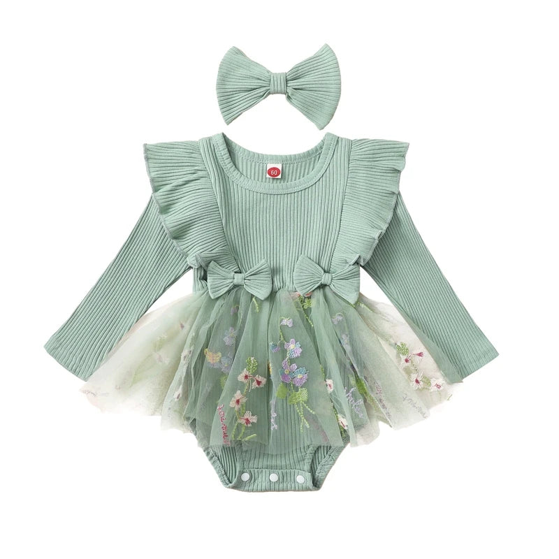 Baby Girl Floral Mesh Patchwork Ruffle Romper & Dress Set with Headband