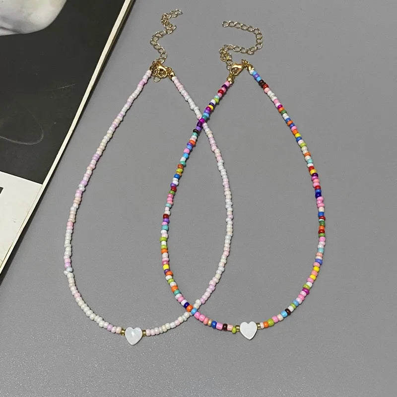 Colorful heart shell beaded choker necklace for girls summer fashion